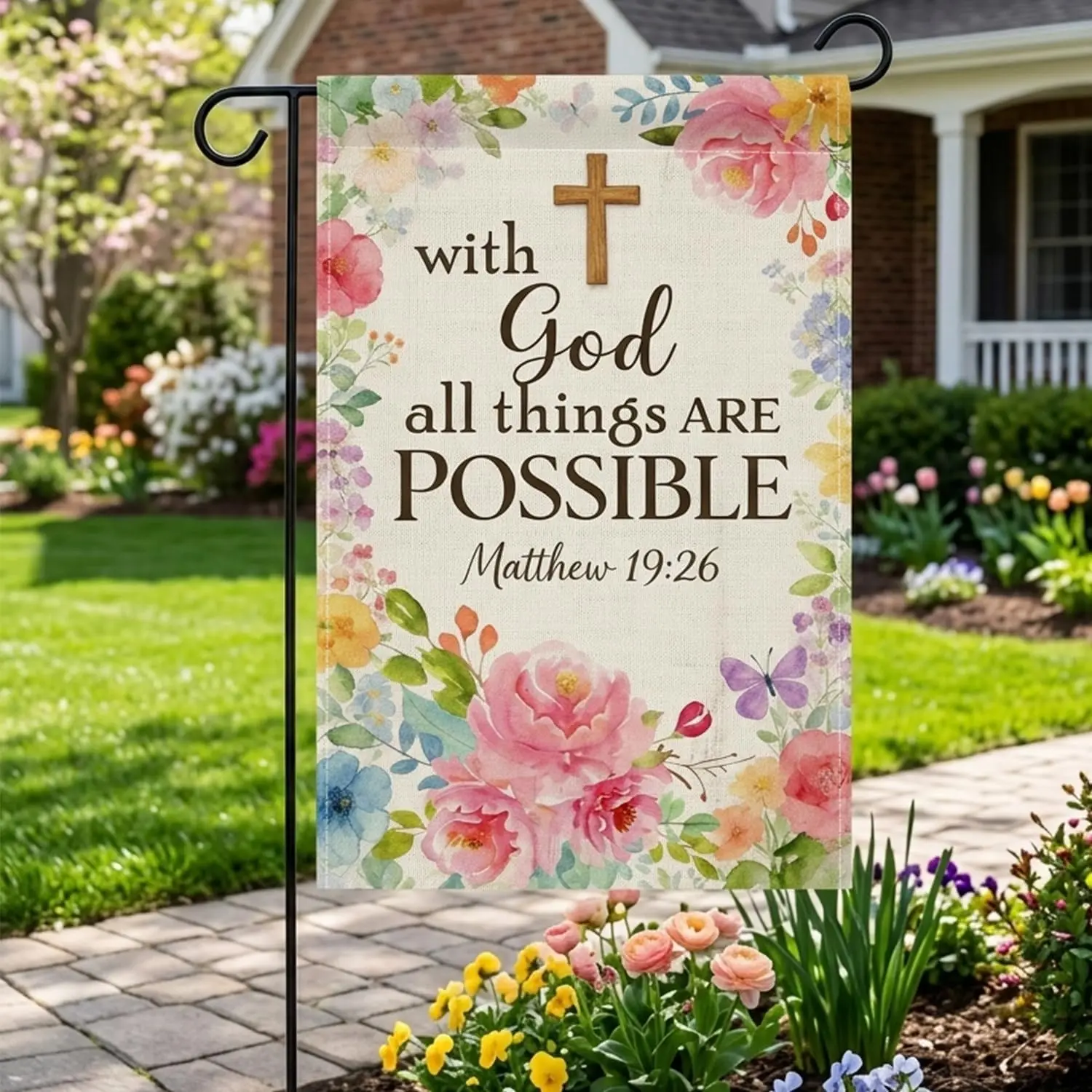 Christian Garden Flag 12x18 Inch Double Sided, Faith Cross Bible Verse Scripture Burlap Yard Flags, Religious Outdoor Decora AAS
