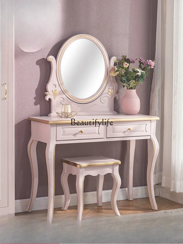 

12Pink mid-century style solid wood dressing table with mirror for bedroom