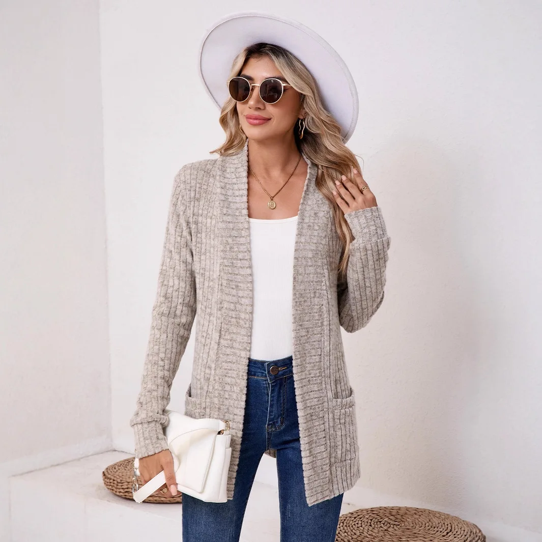

Y2K Autumn and winter new thin fashion solid color pocket long sleeve bottom cardigan knitted sweater women's loose casual top