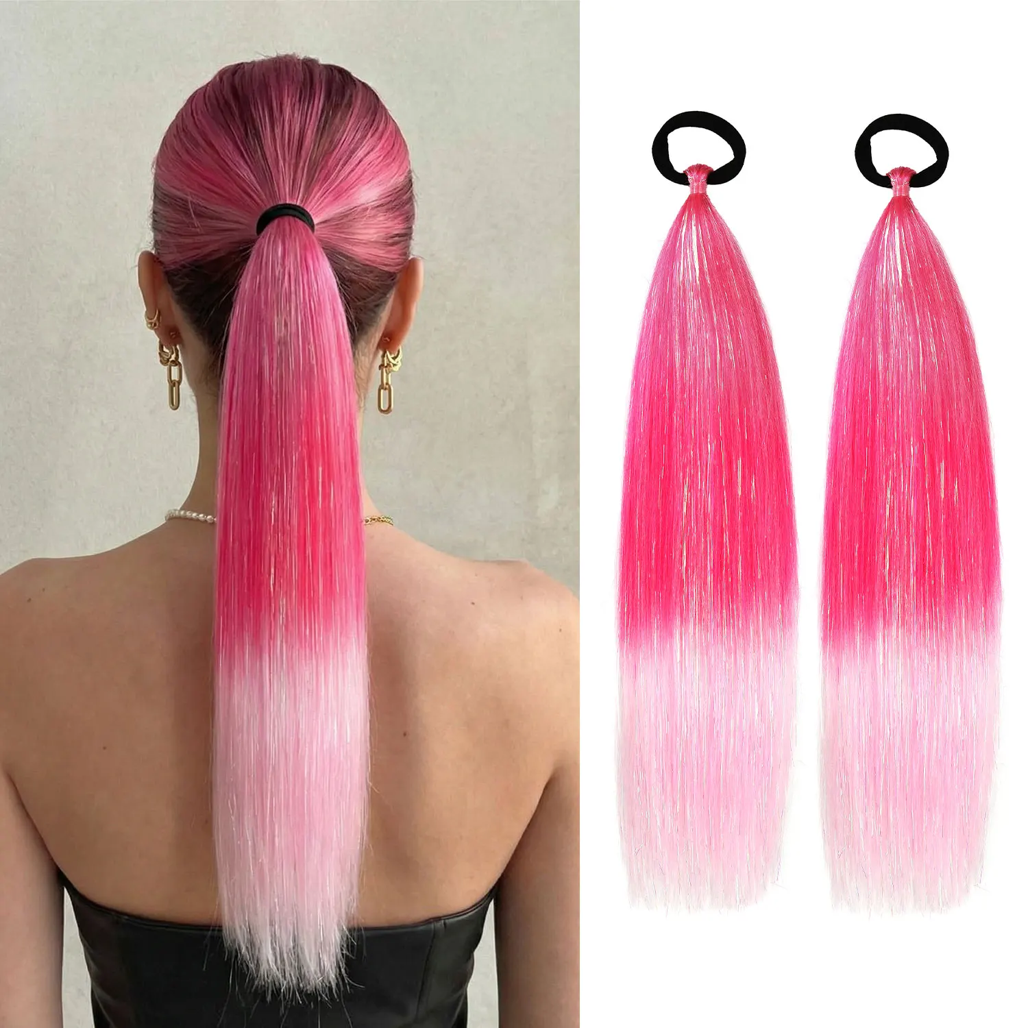 2pcs/set Synthetic Tinsel Ponytail Hair Extensions with hair tie Ombre PinkRave Braids for Women Daily Party Holiday Use