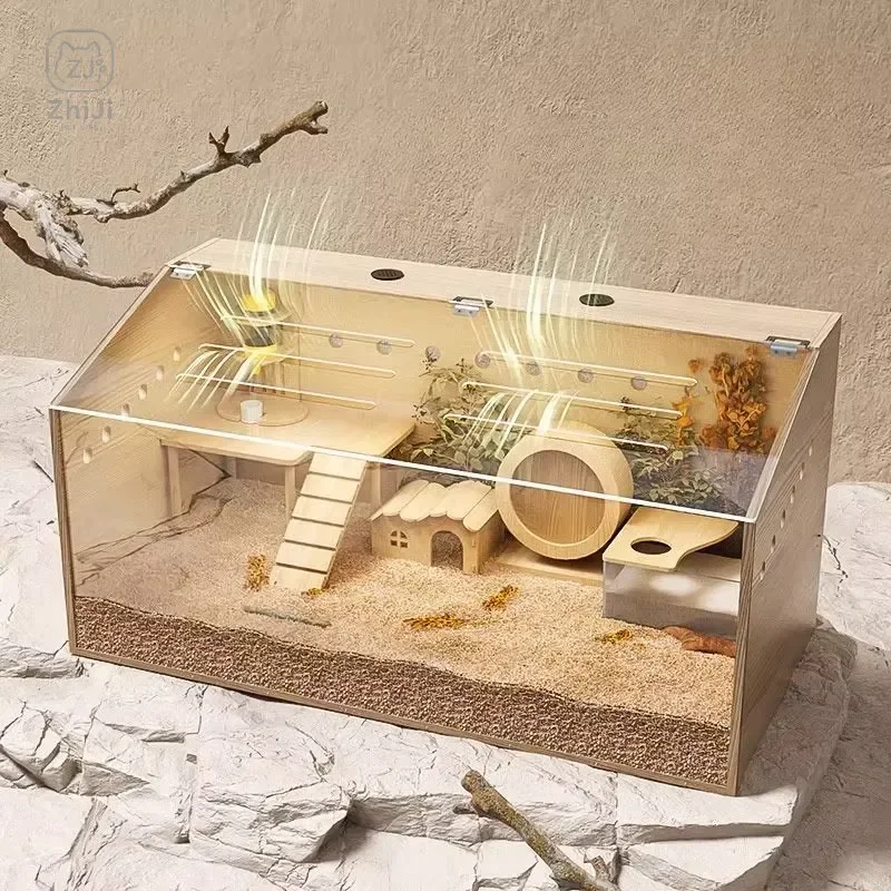 Solid Wood Hamster Cage Large Acrylic Transparent Villa Luxury Breeding Box with Climbing Structure Circulating Ventilation