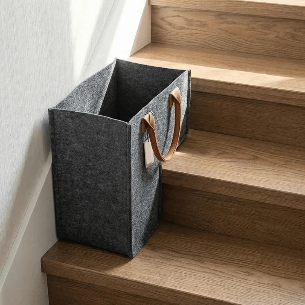 Large Capacity L Shaped Felt Basket Space Saving Washable Stair Steps Clothes Basket with Handles Folding Ladder Basket Office