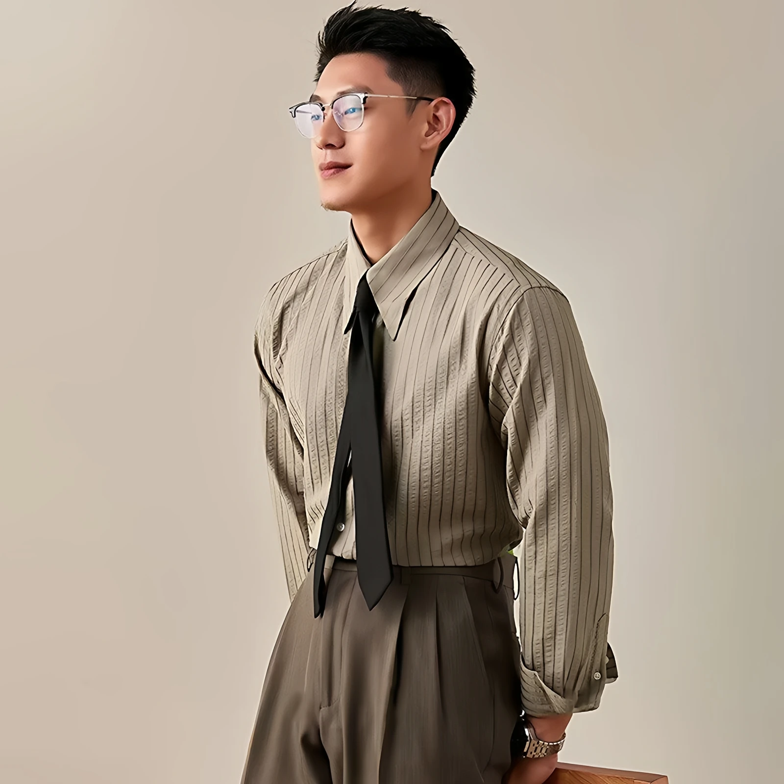 

Retro Pointed Collar Anti-Wrinkle Slim Fit Bubble Shirt Casual Striped Men's Shirt Vintage Style Polyester Fiber Spring Autumn