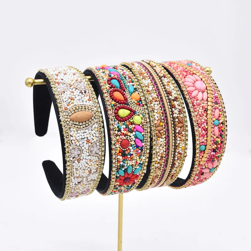 Bohemian Ethnic Women Headband Colorful Acrylic Flower Turkish Statement Hair Jewelry Charms Beads Hairwear Female