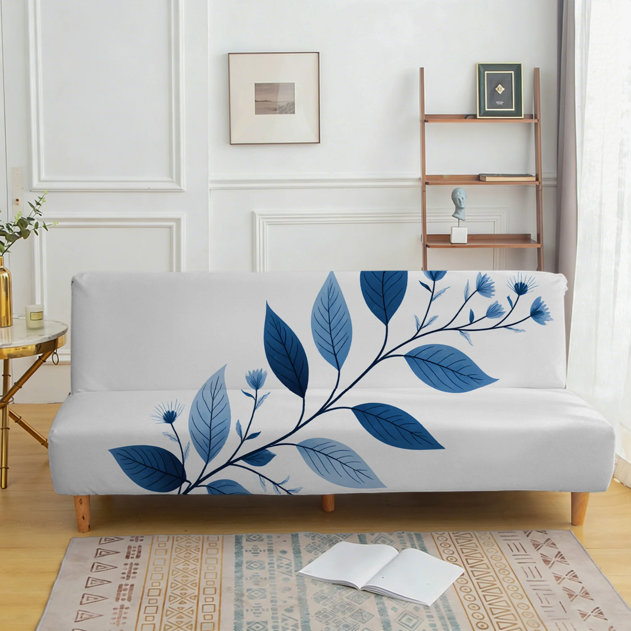 Fresh blue leaf sofa bedspread, elastic sleeveless sofa cover, dust-proof and non-slip furniture protective cover