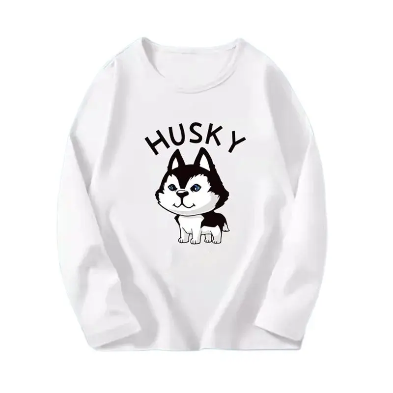 2024 New Fashion Cotton Boys O-Neck T-Shirt Kids Autumn Loose Long Sleeve Shirt European Style Husky Dog Pattern Tops