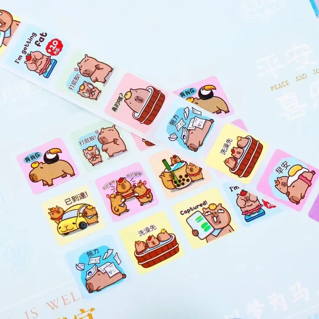 New 1Roll Capybara Sticker for Kids Reward Sticker Cartoon Labels Valentine's Day Happy Smile Face Sticker Label birthday gift