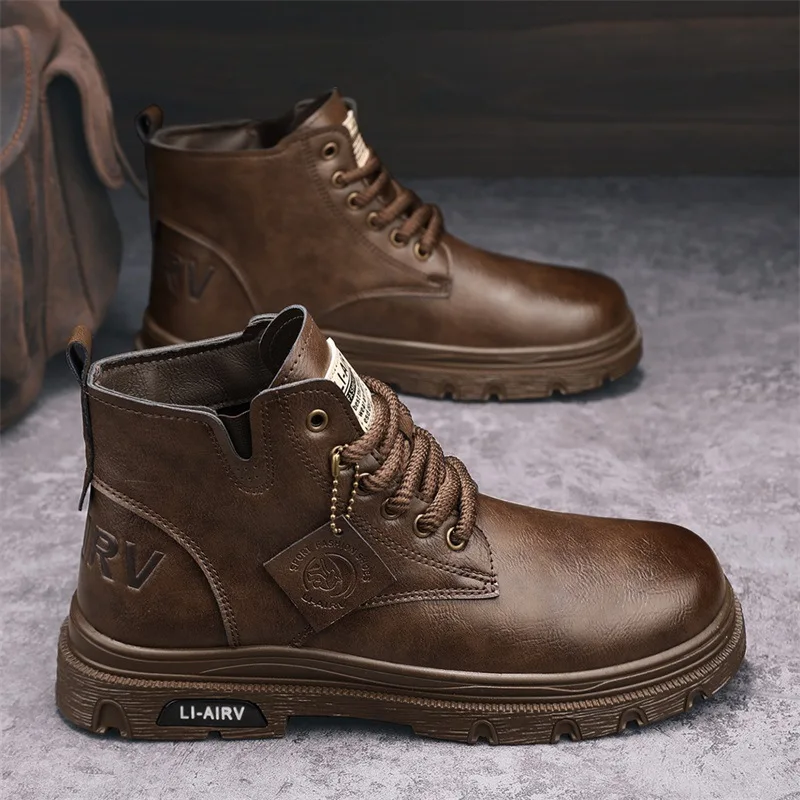 Botas masculinas de alta qualidade, moda à prova d'água, couro, sapatos de segurança de trabalho, negócios, casual, estilo britânico, sola grossa, tornozelo