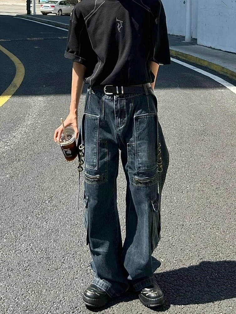 

Мужские джинсы в стиле американской уличной моды, широкие брюки с деконструктивным дизайном, функциональные, модные, весенний сезон