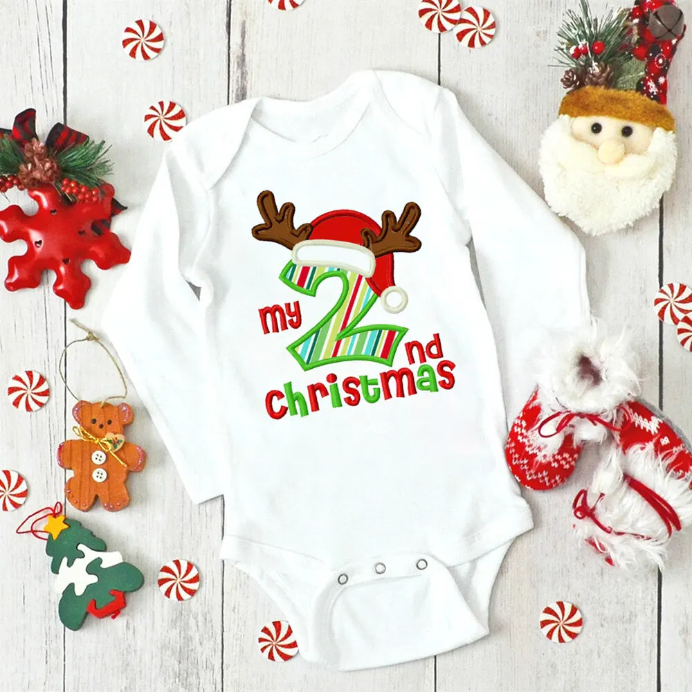 Mein Zweites Weihnachten Neugeborenes Baby Langarm Strampler Cartoon Hirsch Santa Print Outfits Säugling Taufe Bodys Kleidung Weihnachtsgeschenke