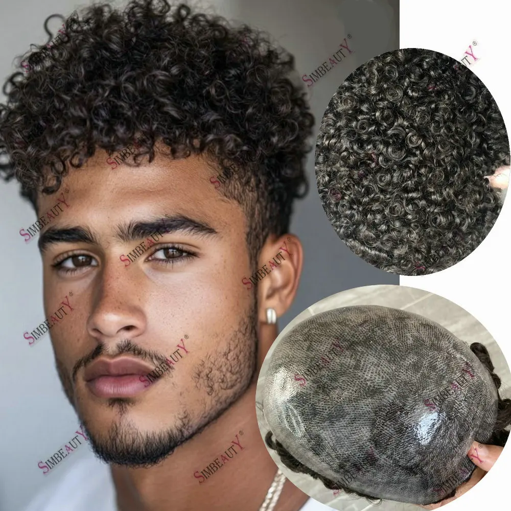 15mm Afro Curly 1B80 Grey Black Hair Natural Hairline Durable Full Skin Pu Toupee Human Hair for Men Capillary Prosthesis System