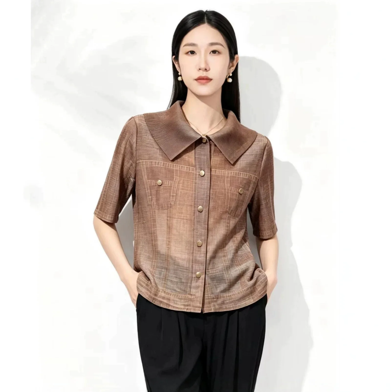 

Miyake Pleated Design Short-sleeved Denim Shirt Jacket for Women Summer New Loose Casual Versatile Short Button-down Top