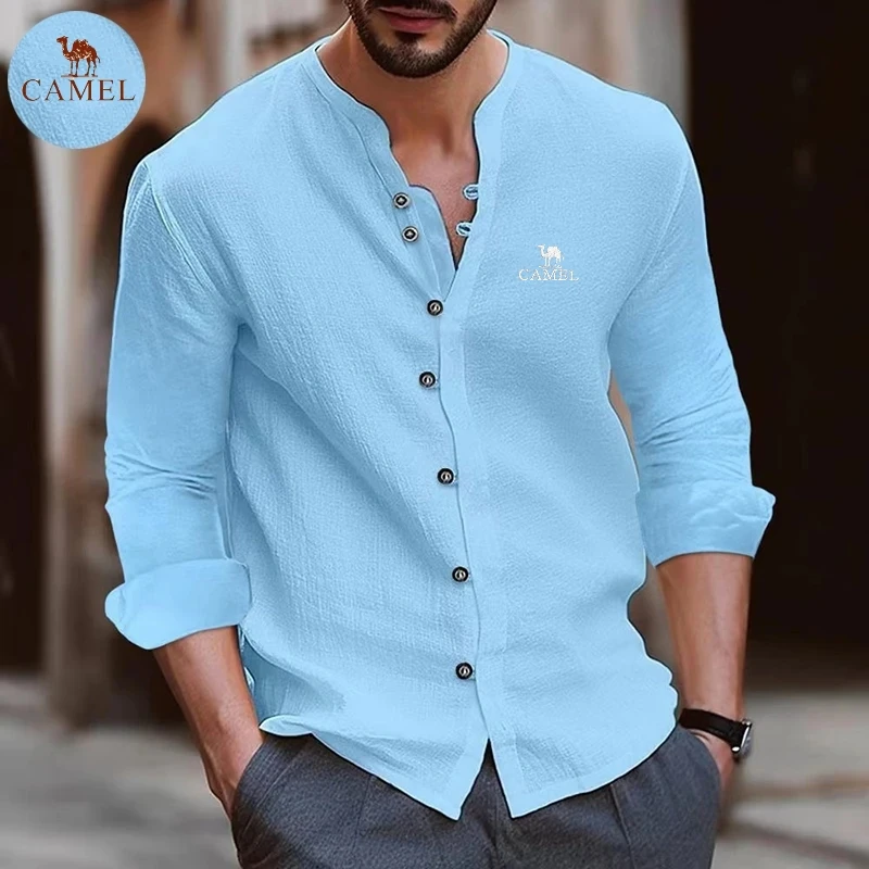 Embroidered CAMEL high-quality brand men\'s spring/summer long sleeved cotton linen business casual loose T-shirt shirt top