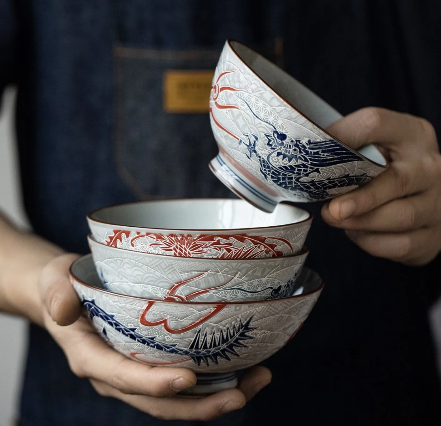 

Japanese Ceramic Rice Soup Bowl Dragon Phoenix Patterned Tableware