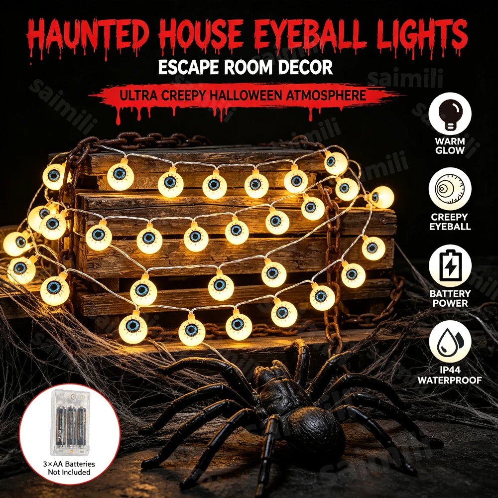 Waterproof Battery Powered Creepy Eyeball LED Fairy Lights Horror Atmosphere Lamp For Halloween Home Garden Holiday Party Decor