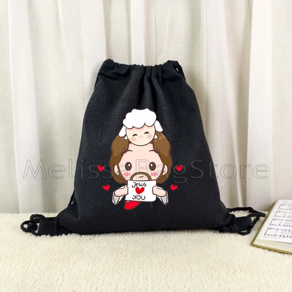 Cartoon Jesus Christ Floral Cross Love Faith Cute Christian Bible Belief Flower Drawstring Bag Backpack Gym Yoga Sports Sackpack