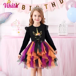 VIKITA Dress for Kids Girl Pumpkin Witches Bats Layered Mesh Tulle Princess Dress Children Cosplay Festival Halloween Costumes