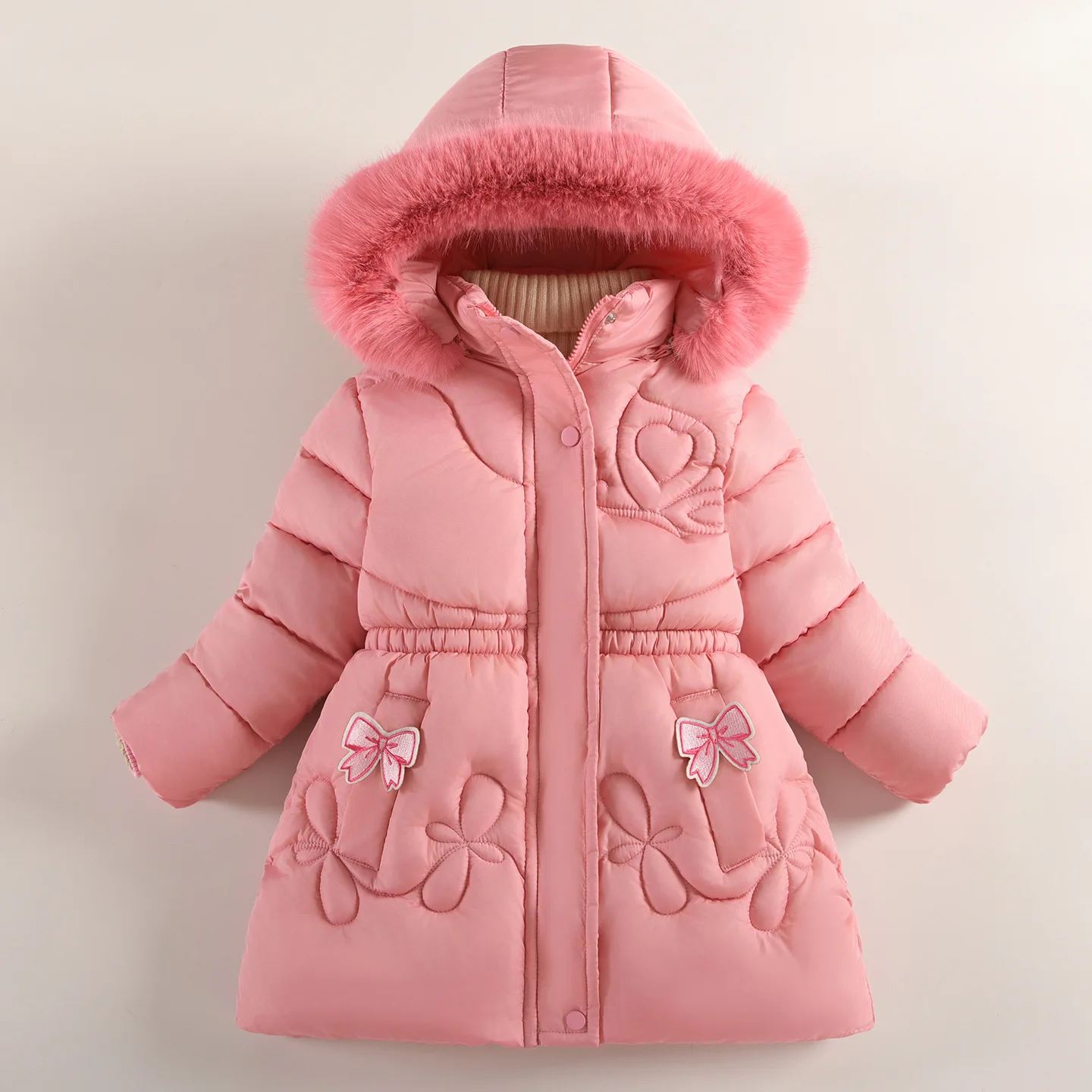 OLEKID Winter 3-10Y Teens Girls Parka Faux Fur Hooded Thick Warm Junior Girls Outwear Coat Children Girl Bow Plush Padded Jacket