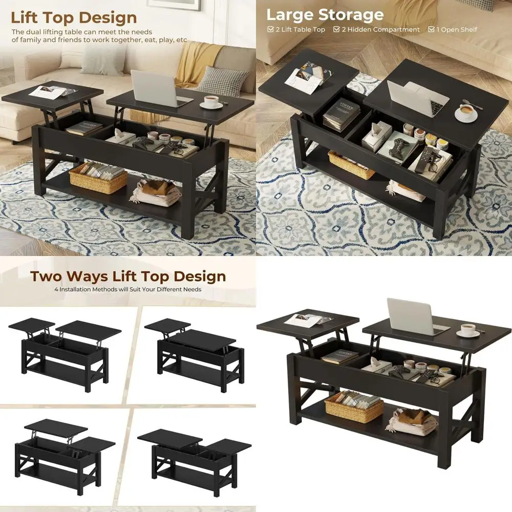 

Журнальный столик с подъемным верхом в стиле фермерского дома 47,2 со скрытым местом для хранения, открытой полкой и X-образной рамой для гостиных, черный