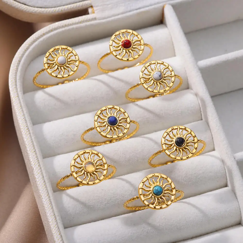 Vintage Stainless Steel Rings Round Sun Natural Stone Ring18K Gold Color кольцо женское Open Adjustable Jewelry For Women Gift