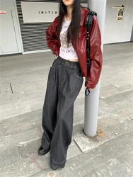 Alien Kitty Motorcycle Red PU Jacket Coat Women Vintage Sweet Autumn Loose Denim Chic Jeans Wide Leg Straight Pants Office Lady