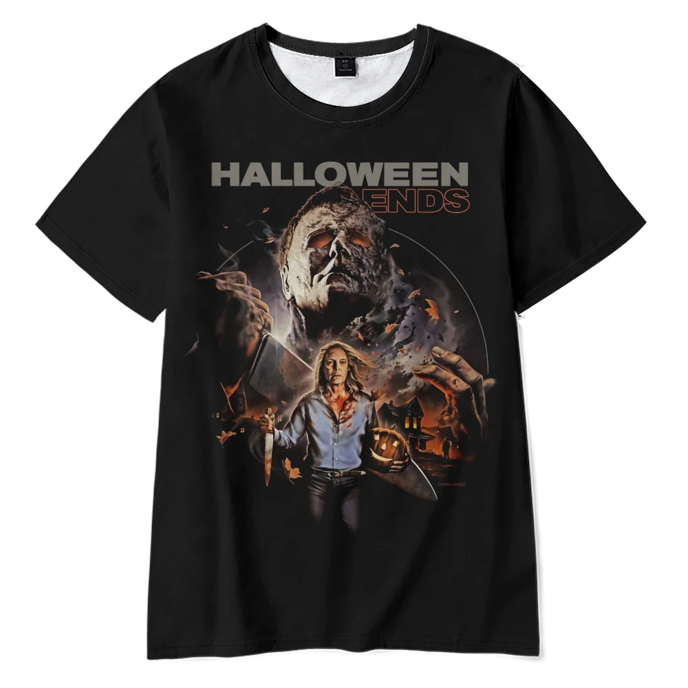 Camiseta negra de manga corta con cuello redondo para hombre y mujer, ropa de calle Harajuku de película con extremos de Halloween, moda Unisex