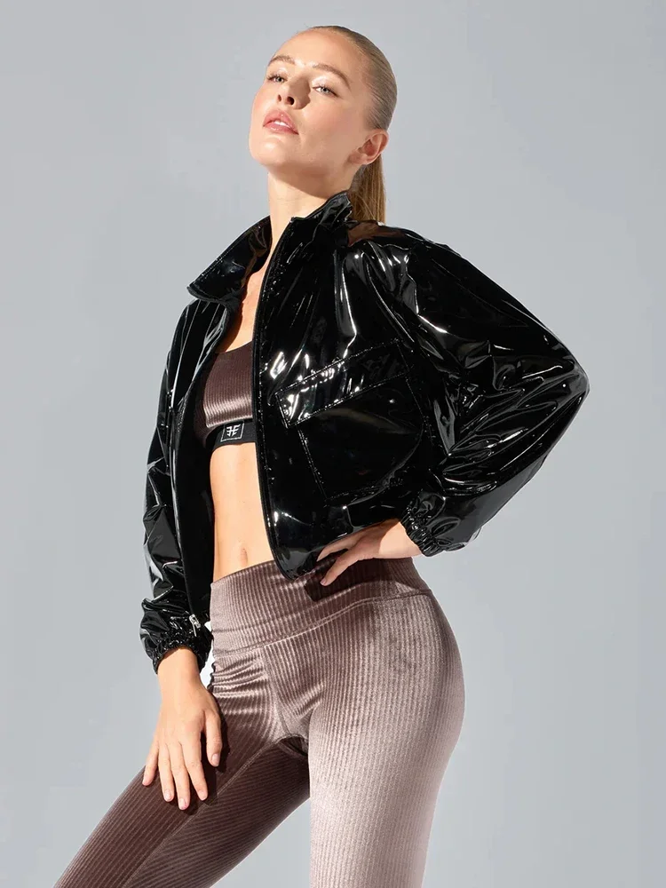 Women Glossy Faux Leather Lapel Crop Jacket Coat Ladies Fashion Shiny PU Punk Overcoat With Pockets Casual Entertainment Custom