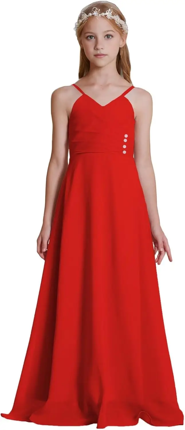 فساتين فتاة فاخرة على شكل حرف A فساتين وصيفة العروس الصغيرة من الشيفون للفتيات فستان الأميرة الطويلة فساتين رسمية بأشرطة قابلة للتعديل فستان بناتي