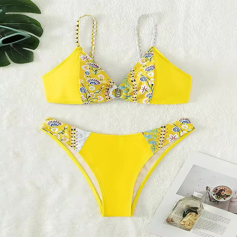 

Sexy Flower Print Two Piece Swimsuit Set Triangle Bra Suspender Backless Bikini Set Beach Vacation Lace-up Swimwear