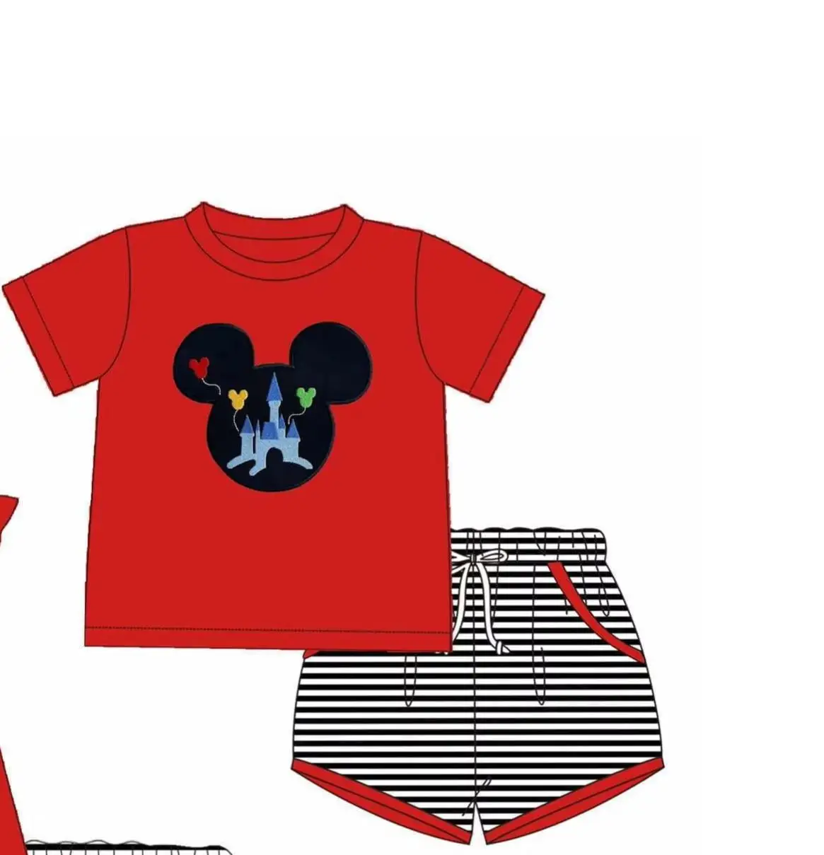 

Summer Toddler Boy Cartoon Castle Outfit Cute Casual Girl Ruffle Top Tee Striped Shorts Set