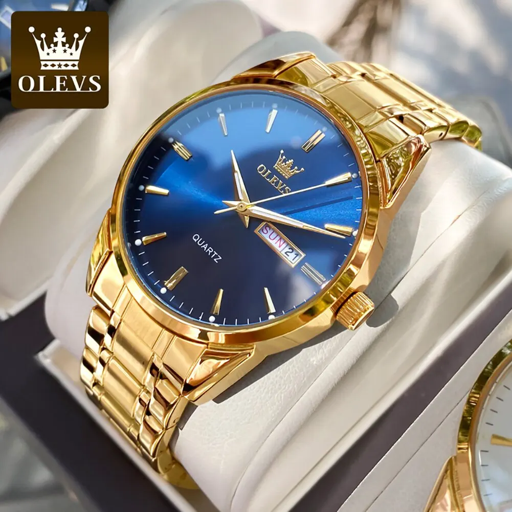 OLEVS Classic Gold Wrist Watches For Top Brand Luxury Business Date Waterproof Luminous Stainless Steel Men Quartz Wristwatch