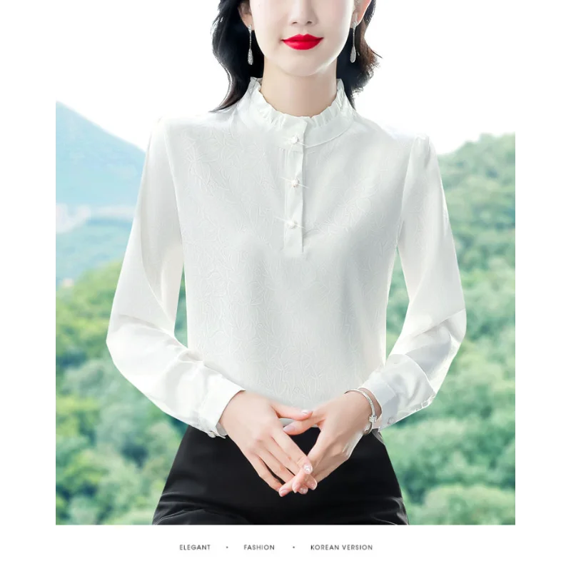 

Chiffon Shirt Women's Long-sleeved Black Ears Stand-up Collar Floral Top