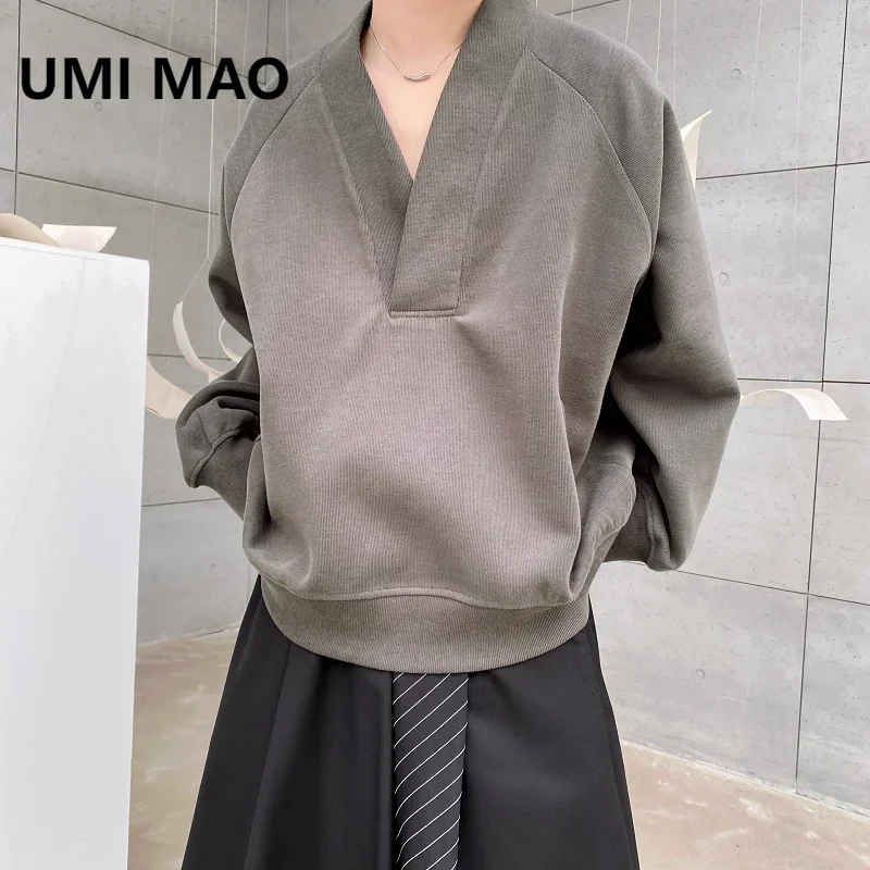 UMI MAO Yamamoto 남성용 다크 후드, 심플한 쿨 스타일, V넥 풀오버, 트렌디한 일본 다용도 상의, 용수철 신상