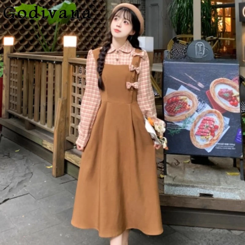 

Large Size Sweet College Long Sleeve Plaid Splicing Dress Autumn Winter Girls False Two-piece High Waist A-line Japanese Dresses