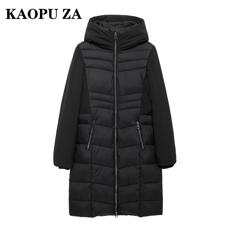 KAOPU ZA 2024 New Winter Women's Warm Long Hoodie Down Coat ladies chic Suede Quilted Lightweight Outdoor Jacket with Pockets