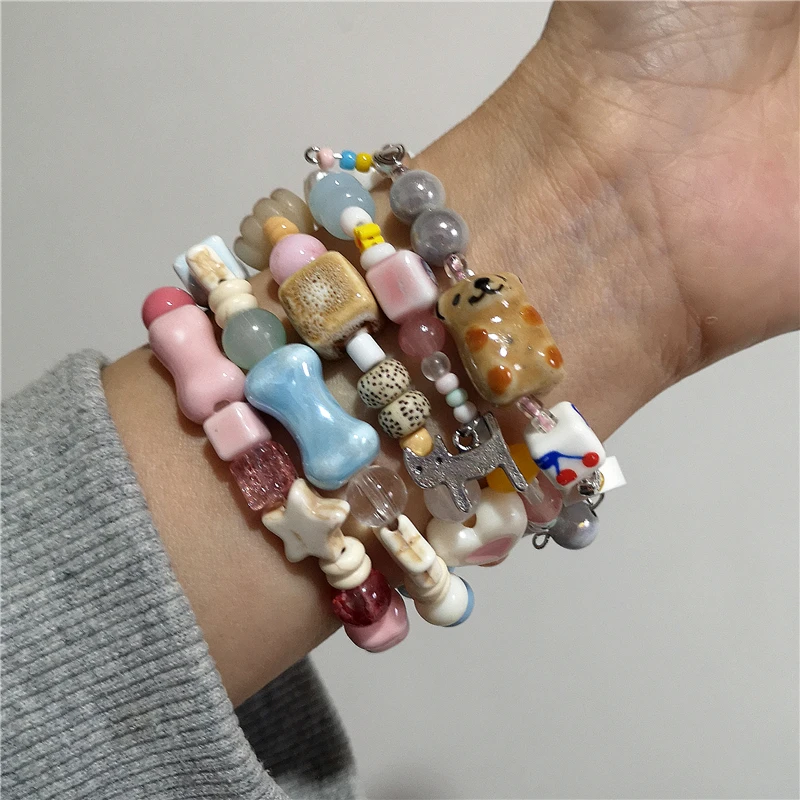 Kpop Harajuku Aesthetic Butterfly Love Star Ceramic Glass Acrylic Beaded Bracelet Girl 2000s EMO Charm Jewelry Y2K Accessories