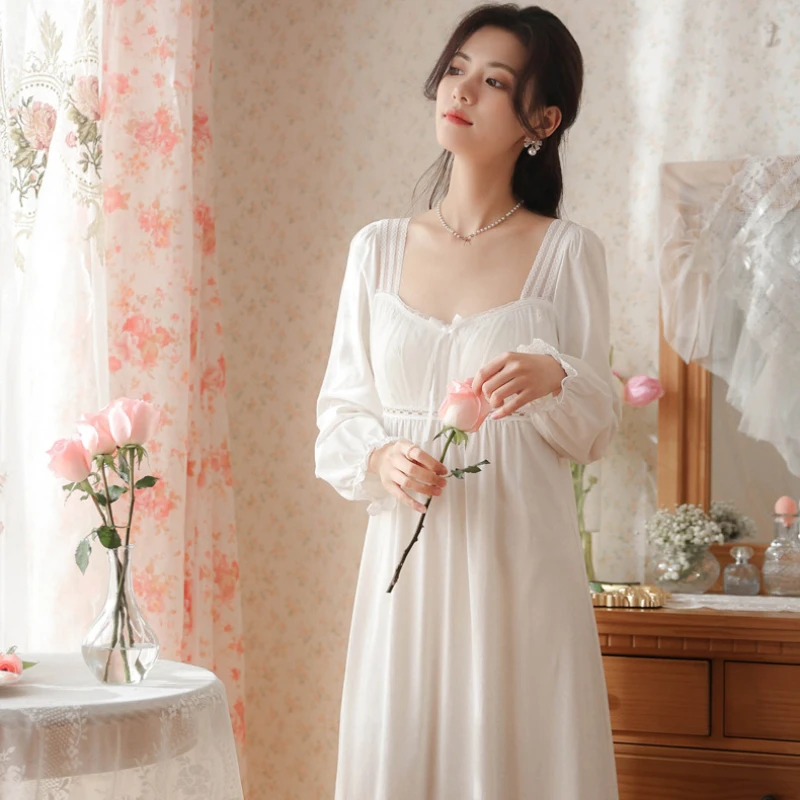 Princess Sleepwear Victorian Night Dress Women Cotton Sexy Lace Ruffles Long Sleeve Peignoir Vintage Nightgowns Fairy Nightdress