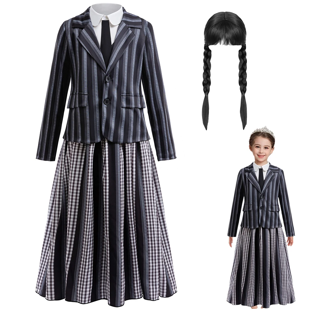 

Performance Cosplay Sets For Children Halloween Costume Formal Striped Uniform Kids Wednesday Role-Play Suit Girls Party Dresses