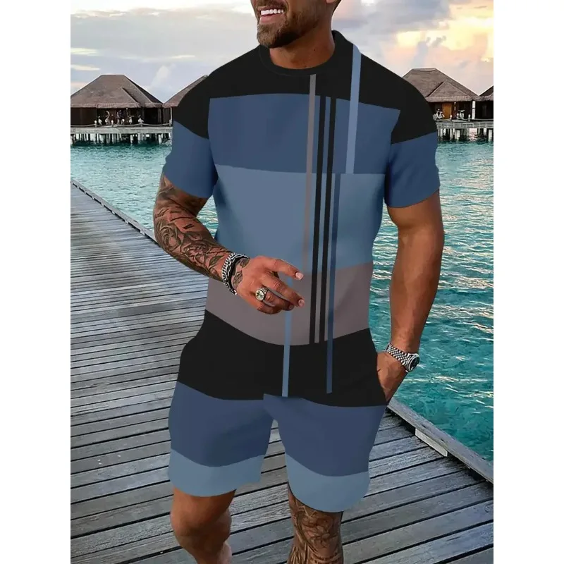 2025 Summer T-shirt and Shorts Set, 3D Color blocked Printed Casual Hawaiian Men's and Women's Sports Set Two Piece Jogging Suit