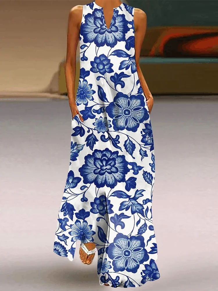 Blue White Porcelain Print Street Sexy Fashion Maxi Dress Casual Summer Sleeveless V-neck Long Dress Cocktail Party Women Dress