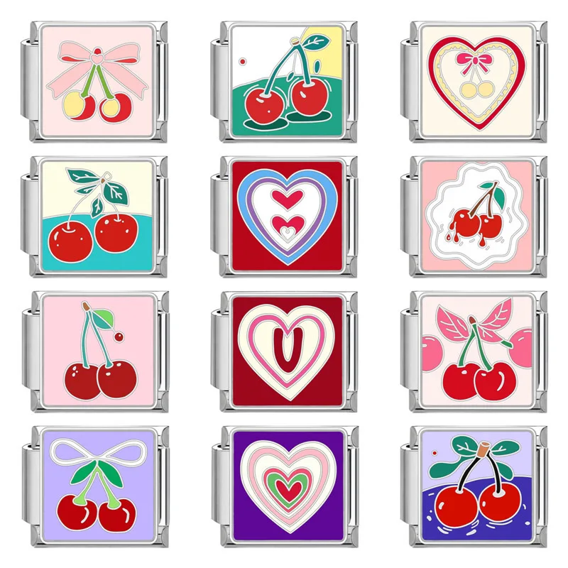 

2025 New Creative Heart Bow Cherry Pattern Charm Italian Charm Link Fit 9mm Stainless Steel Bracelet DIY Making Gifts