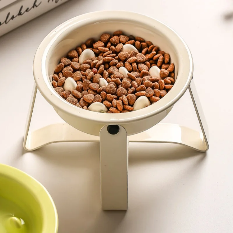 Cat Slow Food Bowl Ceramic Dog Feeding Basin Stainless Steel Heightened Bracket Neck Brace Anti-tip Kitty Bowl Cat Food Bowl