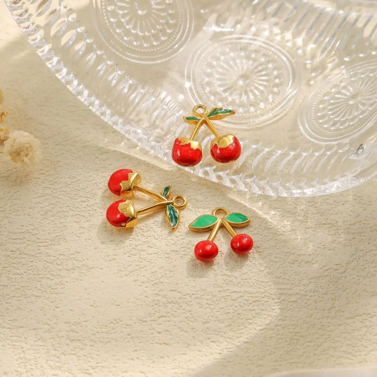 3-Piece Set of Stainless Steel 3D Enamel Cherry Pendants — Suitable for DIY Necklaces, Bracelets, and Various Jewelry Making