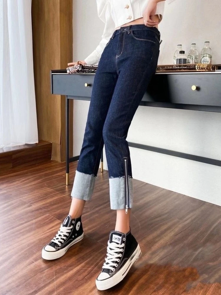 

Women's Black Color Block Jeans Baggy Zipper Hem Ankle Length Y2K Streetwear