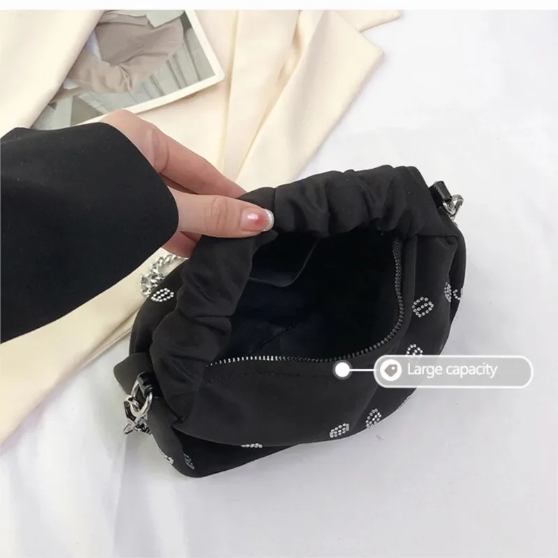 Luxury Diamond Denim Handbags Women 2024 New Soft Rhinestone Chain Strap Crossbody Bag Fashion Pleated Small Shoulder Bag Female