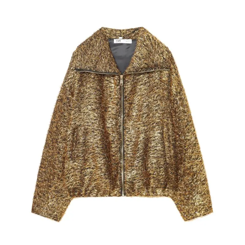 

Women’s Autumn New Fashion Metallic Thread Pilot Jacket Coat Streetwear Casual Chic Style Outerwear Trendy Look