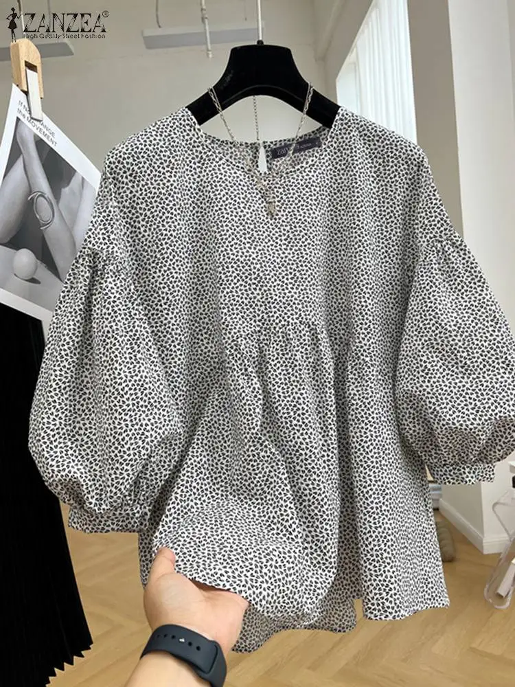 ZANZEA Women Printed Simple Blouse Korean Fashion 3/4 Puff Sleeve Tops Casual Summer 2024 Pleating Tunic Holiday Patchwork Blusa