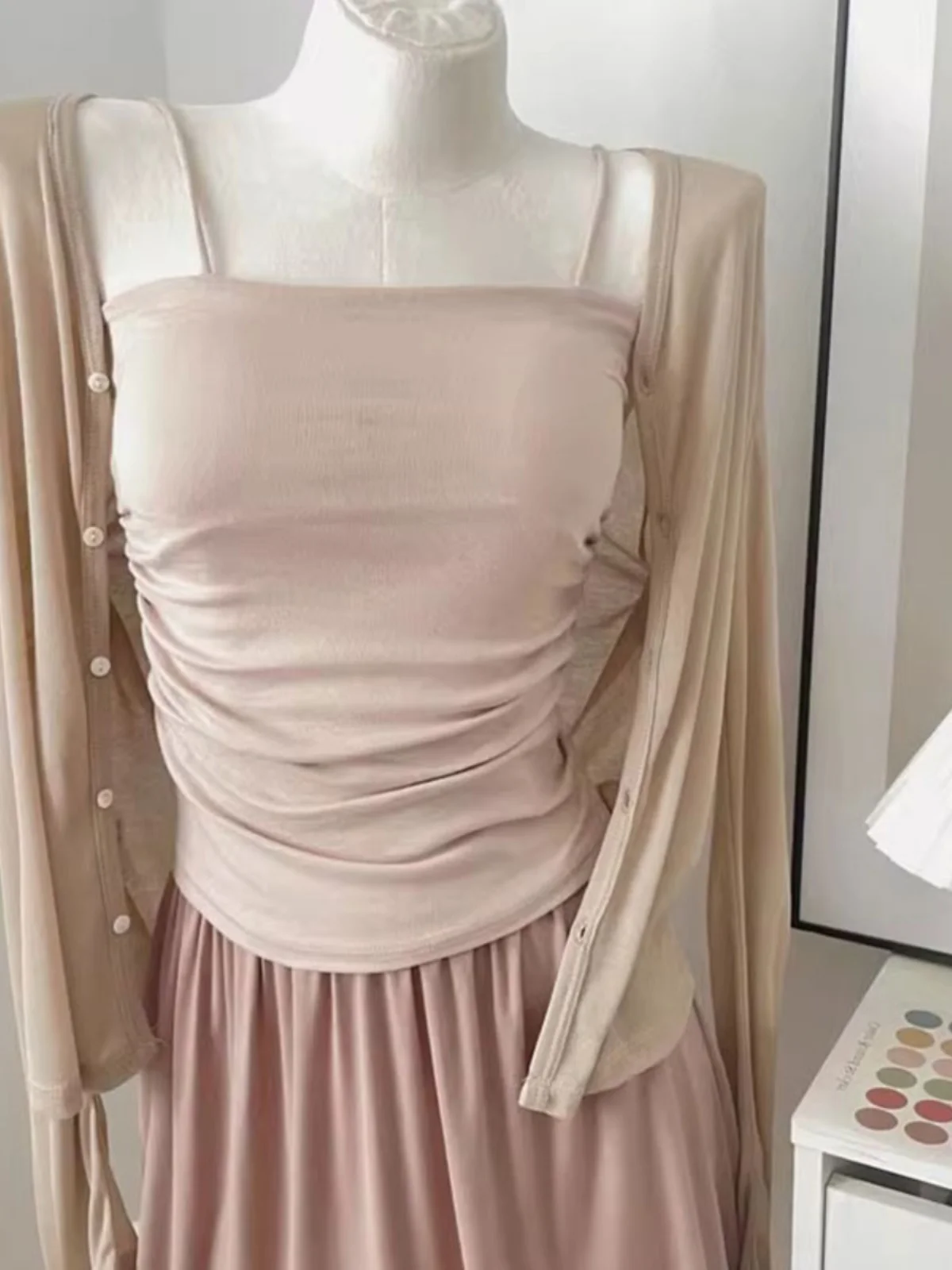 

Sun Protection Lightweight Modal Cardigan with Shawl Collar And Thin Veil Outerwear Set Women's Summer Sleeveless Top And Skirt