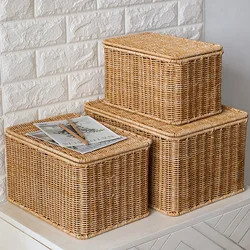 Storage Box Bedroom Laundry Organizer with Lid Imitation Rattan Woven Covered Storage Basket Wardrobe Storage Basket