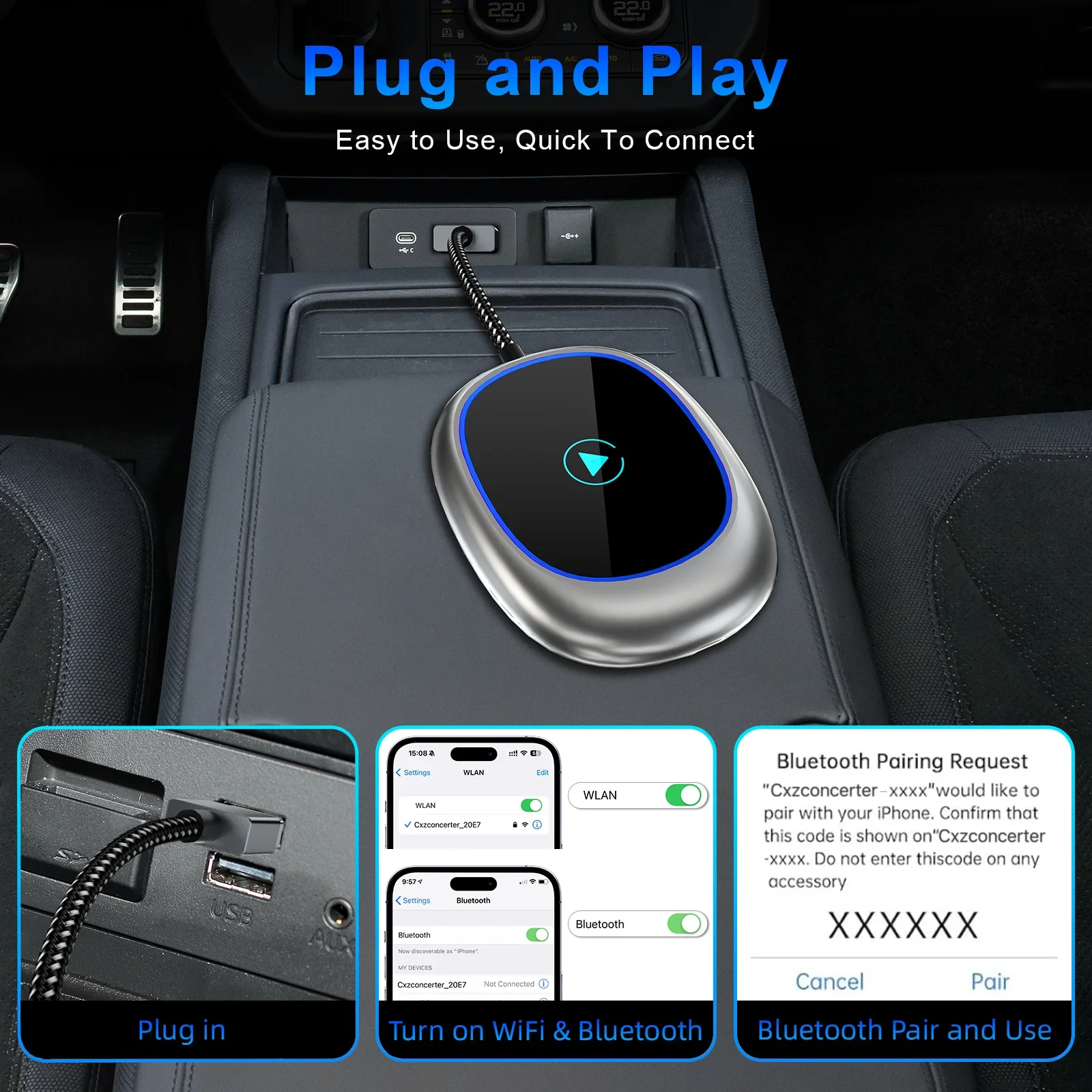 Universal CarPlay Android Wireless 2in1 อะแดปเตอร์ไร้สายอัตโนมัติสมาร์ทมินิกล่อง Plug and Play WiFi Fast Connect สําหรับอุปกรณ์เสริมในรถยนต์